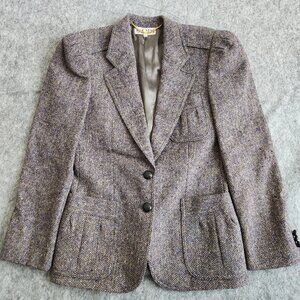 Escada 80's Herringbone Blazer Jacket Women's 36 US6 Brown Leather Button Wool